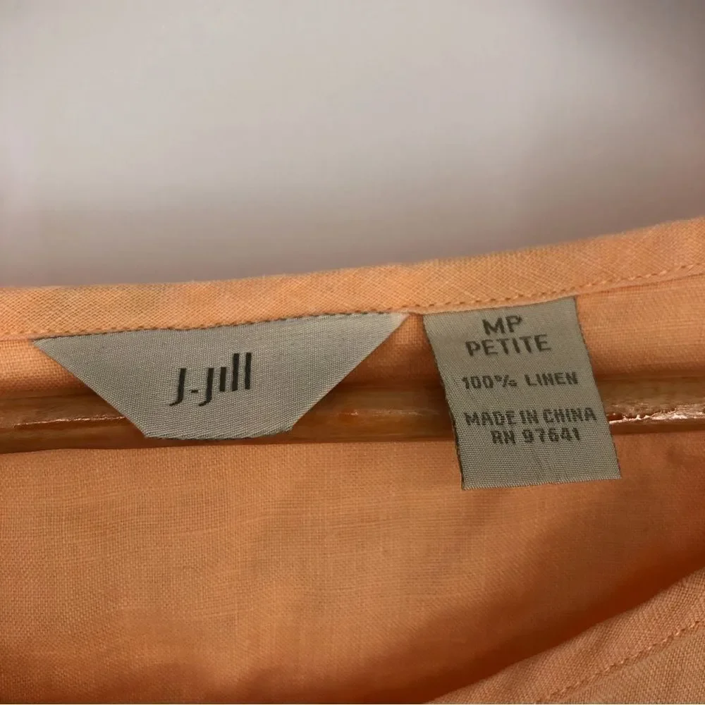 J. Jill 100% Linen Snap Button Shirt Womens Petite Medium Peach Boxy Long Sleeve